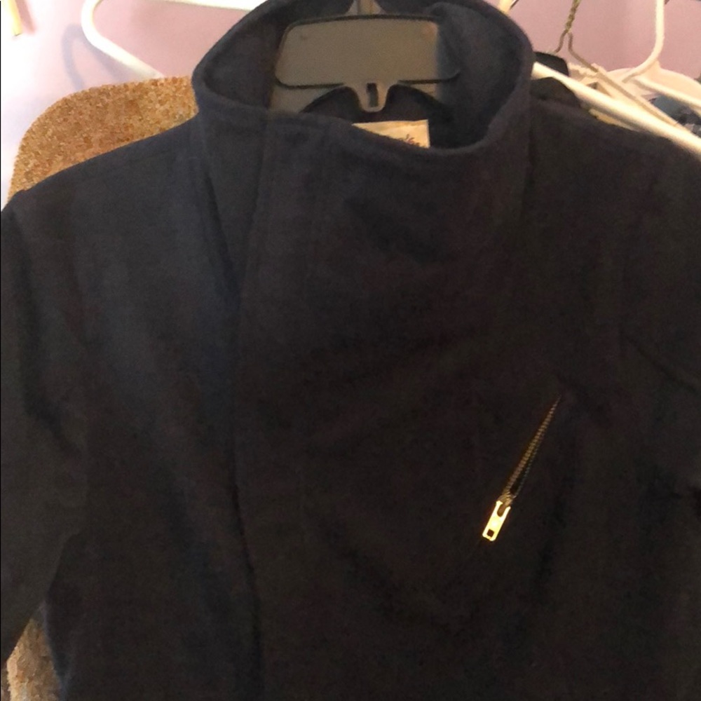 Navy blue pea coat with asymmetrical zipper